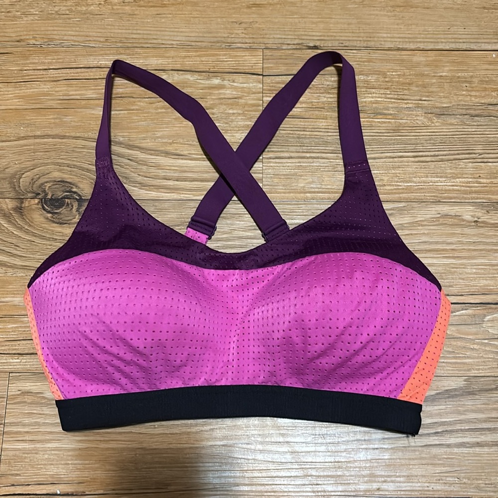 Victoria Sport 32DD mesh tri-color bra top purple/fuscia/coral